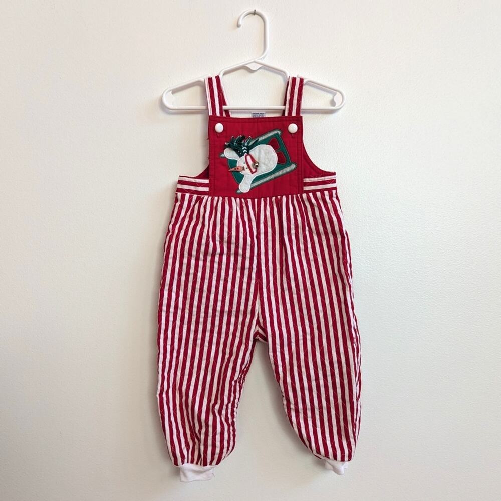 Vtg Ruth Scharf Overalls Christmas Baby Girls Sz 18m Red Stripe Snowman